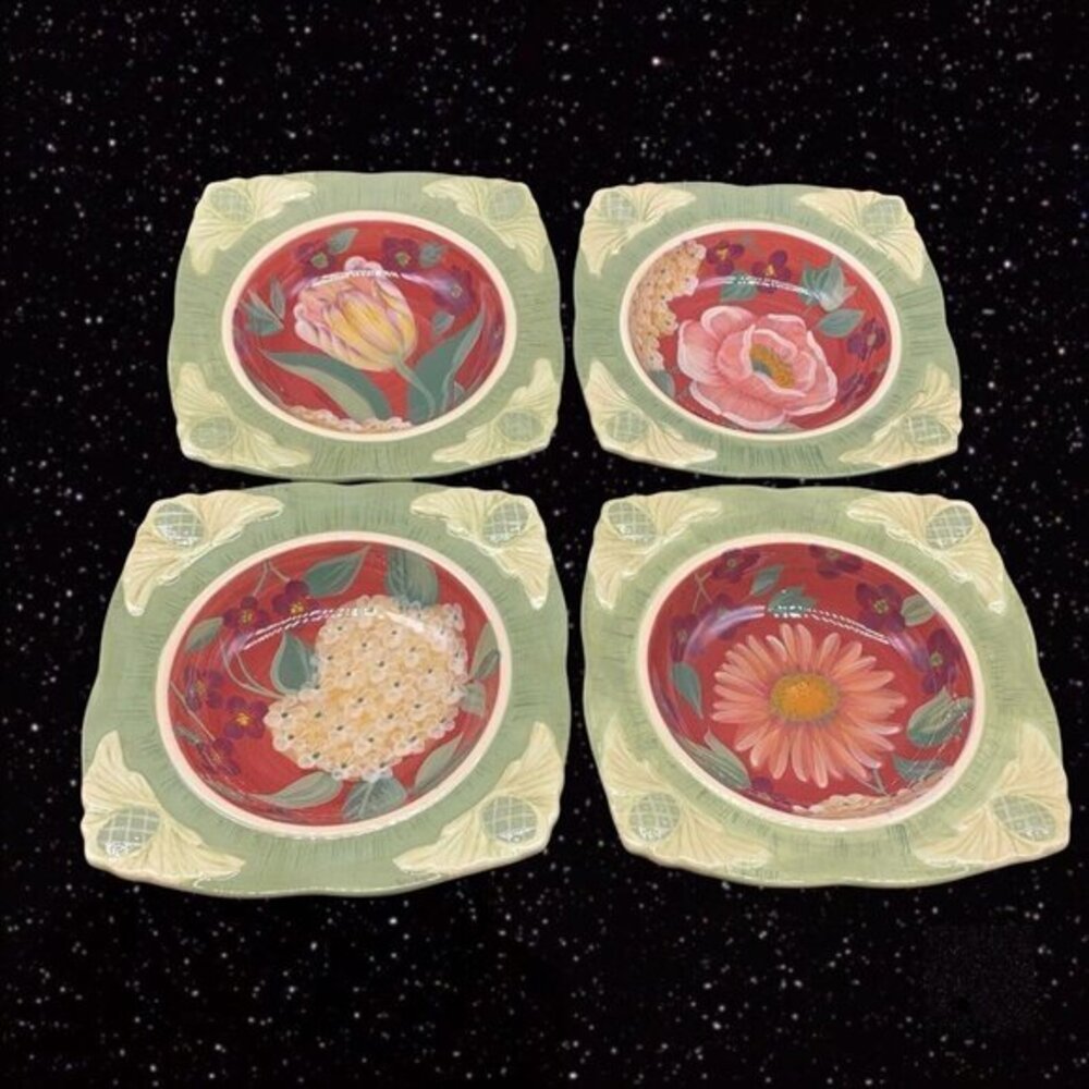 4 Certified International FLORAL TAPESTRY Magnolia Hydrangea Square Cereal Bowls
